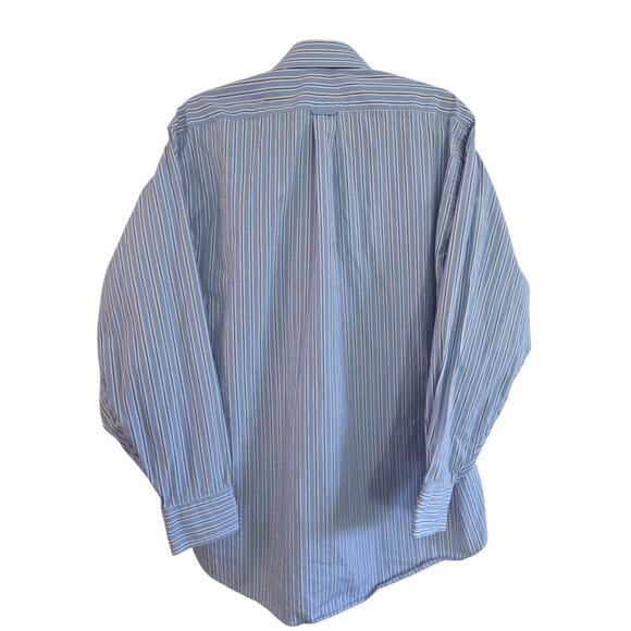 Faconnable Dress Shirt 4/16 L Blue Brown Stripe 100% Cotton Made in USA Luxury - Picture 3 of 7